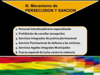 1. Personal Interdisciplinario especializado
2. Prohibición de conciliar (excepción)
3. Servicios integrados de justicia plurinacional
4. Servicio Plurinacional de defensa a las víctimas.
5. Servicios legales integrales Municipales
6. Fuerza especial de lucha contra la violencia
III. Mecanismo de
PERSECUSION Y SANCION
 