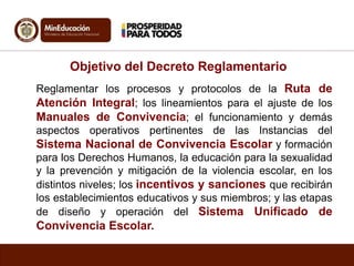 Objetivo del Decreto Reglamentario
Reglamentar los procesos y protocolos de la Ruta de
Atención Integral; los lineamientos para el ajuste de los
Manuales de Convivencia; el funcionamiento y demás
aspectos operativos pertinentes de las Instancias del
Sistema Nacional de Convivencia Escolar y formación
para los Derechos Humanos, la educación para la sexualidad
y la prevención y mitigación de la violencia escolar, en los
distintos niveles; los incentivos y sanciones que recibirán
los establecimientos educativos y sus miembros; y las etapas
de diseño y operación del Sistema Unificado de
Convivencia Escolar.
 