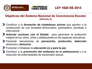 Objetivos del Sistema Nacional de Convivencia Escolar
(Artículo 4)
Contribuir a la formación de ciudadanos activos que aporten a la
construcción de una sociedad democrática, participativa, pluralista e
intercultural.
Articular acciones con el Estado para garantizar la protección
integral de los niños, niñas y adolescentes en los espacios educativos.
Fomentar mecanismos de prevención, protección, detección
temprana y denuncia.
Fomentar y fortalecer la educación en y para la paz.
Contribuir a la prevención del embarazo en la adolescencia y a la
reducción de enfermedades de transmisión sexual.
LEY 1620 DE 2013
 
