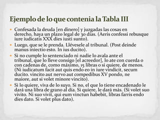 Confesada la deuda [en dinero] y juzgadas las cosas en derecho, haya un plazo legal de 30 días. (Aerisconfessi rebusque iure iudicatis XXX diesiustisunto).Luego, que se le prenda. Llévesele al tribunal. (Post deindemanusiniectio esto. In iusducito).Si no cumple lo sentenciado ni nadie lo avala ante el tribunal, que lo lleve consigo [el acreedor], lo ate con cuerda o con cadenas de, como máximo, 15 libras o si quiere, de menos. (Ni iudicatumfacitautquisendoeo in iure vindicit, secumducito. vincitoautnervoautcompedibus XV pondo, nemaiore, aut si volet minore vincito).Si lo quiere, viva de lo suyo. Si no, el que lo tiene encadenado le dará una libra de grano al día. Si quiere, le dará más. (Si voletsuo vivito. Ni suovivit, quieumvinctunhabebit, libras farrisendodies dato. Si volet plus dato).Ejemplo de lo que contenia la Tabla III