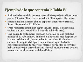 Si el padre ha vendido por tres veces al hijo quede éste libre de su padre. (Si paterfilium ter venumduvitfilius a patreliber esto).Matado nada más nacer el niño espantosamente monstruoso. Según disponen las XII Tablas.(Para repudiar) a su mujer, según las XII Tablas, le ordenó que cogiera sus osas, le quitó las llaves y la echó (de casa).Una mujer de costumbres buenas y honestas, de una castidad indiscutible, había dado a la luz en el undécimo mes después de la muerte del marido, lo que le había causado dificultades a causa de la amplitud del plazo, en la idea de que ella había concebido después de muerto el marido, porque los decenviros habían escrito que un ser humano viene al mundo dentro de diez meses y no en el transcurso del undécimo.Ejemplo de lo que contenia la Tabla IV