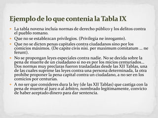 La tabla novena incluía normas de derecho público y los delitos contra el pueblo romano.Que no se establezcan privilegios. (Privilegia neinroganto).Que no se dicten penas capitales contra ciudadanos sino por los comicios máximos. (De capitecivisnisi. per maximumcomitatum … neferunt). No se propongan leyes especiales contra nadie. No se decida sobre la pena de muerte de un ciudadano si no es por los micioscenturiados… Dos normas muy preclaras fueron trasladadas desde las XII Tablas, una de las cuales suprime las leyes contra una persona determinada, la otra prohibe proponer la pena capital contra un ciudadano, a no ser en los comicios por centurias.A no ser que consideres dura la ley (de las XII Tablas) que castiga con la pena de muerte al juez o al árbitro, nombrado legítimamente, convicto de haber aceptado dinero para dar sentencia.Ejemplo de lo que contenia la Tabla IX