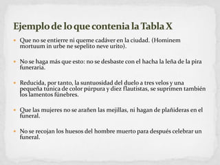 Que no se entierre ni queme cadáver en la ciudad. (Hominem mortuum in urbe ne sepelitoneveurito).No se haga más que esto: no se desbaste con el hacha la leña de la pira funeraria.Reducida, por tanto, la suntuosidad del duelo a tres velos y una pequeña túnica de color púrpura y diez flautistas, se suprimen también los lamentos fúnebres.Que las mujeres no se arañen las mejillas, ni hagan de plañideras en el funeral.No se recojan los huesos del hombre muerto para después celebrar un funeral.Ejemplo de lo que contenia la Tabla X