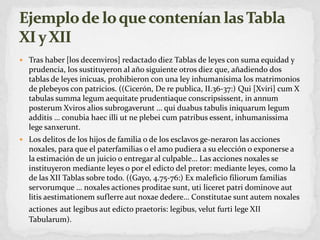Tras haber [los decenviros] redactado diez Tablas de leyes con suma equidad y prudencia, los sustituyeron al año siguiente otros diez que, añadiendo dos tablas de leyes inicuas, prohibieron con una ley inhumanísima los matrimonios de plebeyos con patricios. ((Cicerón, De re publica, II.36-37:) Qui [Xviri] cum X tabulas summalegumaequitateprudentiaqueconscripsissent, in annum posterumXvirosaliossubrogaverunt … quiduabustabulisiniquarumlegumadditis … conubiahaecilli ut neplebei cum patribusessent, inhumanissimalegesanxerunt.Los delitos de los hijos de familia o de los esclavos ge-neraron las acciones noxales, para que el paterfamilias o el amo pudiera a su elección o exponerse a la estimación de un juicio o entregar al culpable… Las acciones noxales se instituyeron mediante leyes o por el edicto del pretor: mediante leyes, como la de las XII Tablas sobre todo. ((Gayo, 4.75-76:) Ex maleficio filiorum familias servorumque … noxales actionesproditaesunt, utiliceretpatridominoveautlitisaestimationemsuflerreautnoxaededere… Constitutaesuntautemnoxalesactionesautlegibusautedictopraetoris: legibus, velutfurtilege XII Tabularum).Ejemplo de lo que contenían las Tabla XI y XII