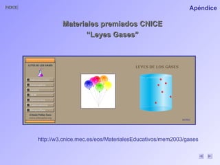 http://w3.cnice.mec.es/eos/MaterialesEducativos/mem2003/gases Materiales premiados CNICE  “ Leyes Gases”   Apéndice INTRO 