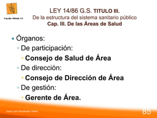 LEY 14/86 G.S. TITULO III.
De la estructura del sistema sanitario público
Cap. III. De las Áreas de Salud
 Órganos:
◦ De participación:
 Consejo de Salud de Área
◦ De dirección:
 Consejo de Dirección de Área
◦ De gestión:
 Gerente de Área.
Juan Luis Fernández Vieira
85
 