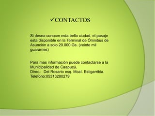 CONTACTOS
Si desea conocer esta bella ciudad, el pasaje
esta disponible en la Terminal de Ómnibus de
Asunción a solo 20.000 Gs. (veinte mil
guaraníes)
Para mas información puede contactarse a la
Municipalidad de Caapucú.
Direc.: Del Rosario esq. McaI. Estigarribia.
Telefono:05313280279
 