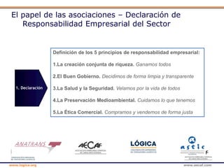 www.logica.org www.aecaf.com
El papel de las asociaciones – Declaración de
Responsabilidad Empresarial del Sector
1. Declaración
Definición de los 5 principios de responsabilidad empresarial:
1.La creación conjunta de riqueza. Ganamos todos
2.El Buen Gobierno. Decidimos de forma limpia y transparente
3.La Salud y la Seguridad. Velamos por la vida de todos
4.La Preservación Medioambiental. Cuidamos lo que tenemos
5.La Ética Comercial. Compramos y vendemos de forma justa
 