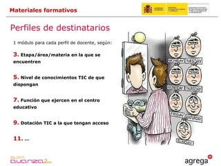 1 módulo para cada perfil de docente, según: Etapa/área/materia en la que se encuentren Nivel de conocimientos TIC de que dispongan Función que ejercen en el centro educativo Dotación TIC a la que tengan acceso … Perfiles de destinatarios Materiales formativos 