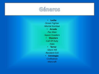 • Lucha
-Street Fighter
-Mortal Kombat
• Arcade
-Pac-Man
-Space Invaders
• Shooters
-Call Of Duty
-Halo
• Terror
-Silent Hill
-Resident Evil
• Estrategia
-Civilitation
-Warcraft
 