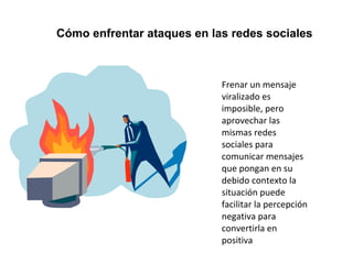Cómo enfrentar ataques en las redes sociales 
Frenar un mensaje 
viralizado es 
imposible, pero 
aprovechar las 
mismas redes 
sociales para 
comunicar mensajes 
que pongan en su 
debido contexto la 
situación puede 
facilitar la percepción 
negativa para 
convertirla en 
positiva 
 