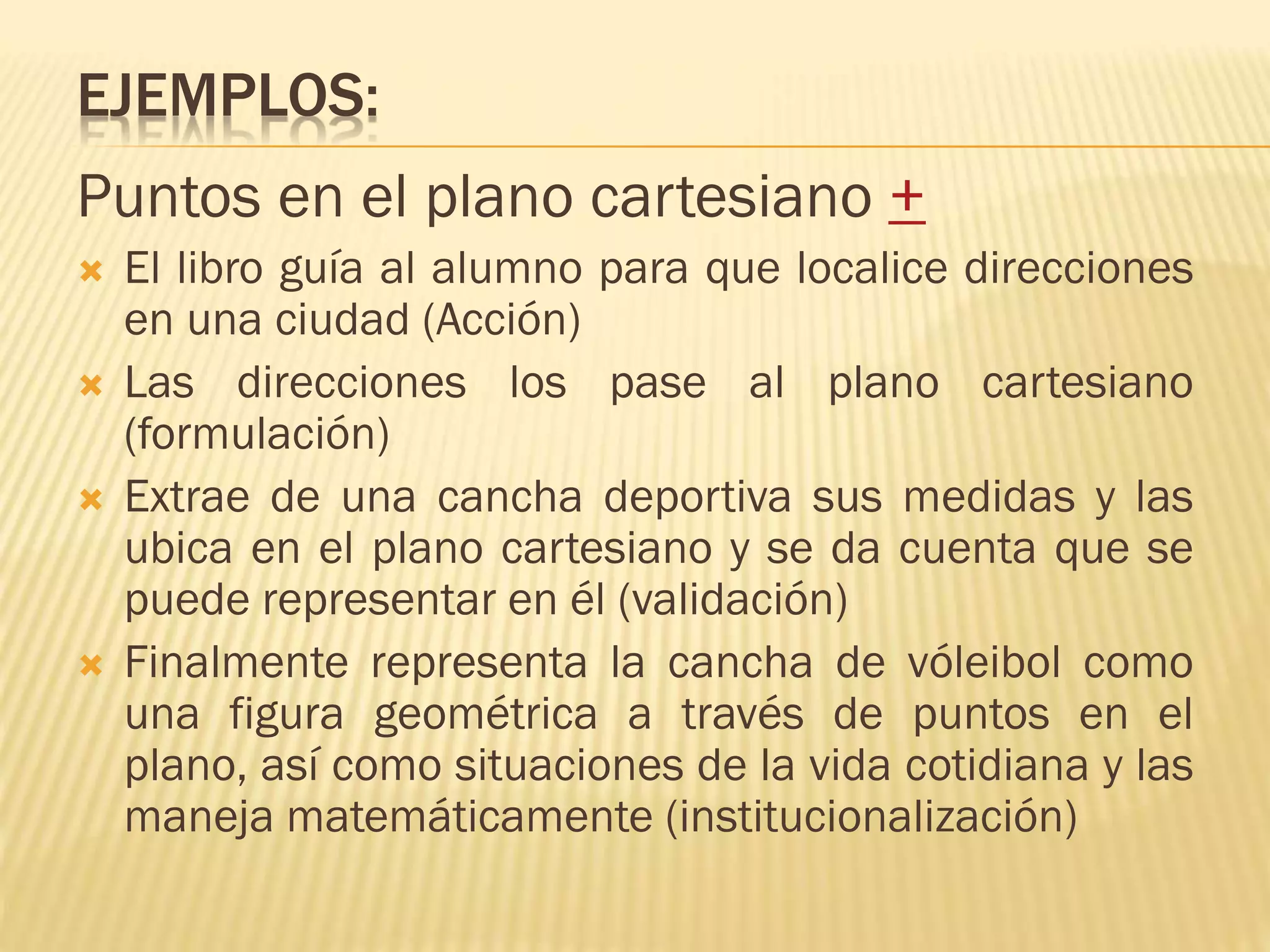 EJEMPLOS:
Puntos en el plano cartesiano +
 El libro guía al alumno para que localice direcciones
en una ciudad (Acción)
 Las direcciones los pase al plano cartesiano
(formulación)
 Extrae de una cancha deportiva sus medidas y las
ubica en el plano cartesiano y se da cuenta que se
puede representar en él (validación)
 Finalmente representa la cancha de vóleibol como
una figura geométrica a través de puntos en el
plano, así como situaciones de la vida cotidiana y las
maneja matemáticamente (institucionalización)
 