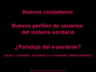  ¿Paradoja del e-paciente? SALUD   EQUIDAD – EFICIENCIA    AUTONOMÍA - EMPODERAMIENTO Nuevos perfiles de usuarios  del sistema sanitario Nuevos ciudadanos http://ictconsequences.net/uoc/salud_sociedad_red/ 