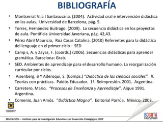 BIBLIOGRAFÍA
• Montserrat Vila I Santasusana. (2004). Actividad oral e intervención didáctica
en las aulas. Universidad de Barcelona, pág. 5.
• Torres, Hernández Buitrago. (2009). La secuencia didáctica en los proyectos
de aula. Pontificia Universidad Javeriana, pág. 42,43.
• Pérez Abril Mauricio, Roa Casas Catalina. (2010) Referentes para la didáctica
del lenguaje en el primer ciclo – SED
• Camp s, A. y Zayas, F. (coords.) (2006). Secuencias didácticas para aprender
gramática. Barcelona: Graó.
• SED. Ambientes de aprendizaje para el desarrollo humano. La reorganización
curricular por ciclos.
• Aisenberg, B Y Aderoqui, S. (Comps.) “Didáctica de las ciencias sociales”. II.
Teorías con prácticas. Paidós Educador. 1ª. Reimpresión. 2001. Argentina.
• Carretero, Mario. “Procesos de Enseñanza y Aprendizaje”. Aique 1991.
Argentina.
• Comenio, Juan Amós. “Didáctica Magna”. Editorial Porrúa. México. 2003.
 