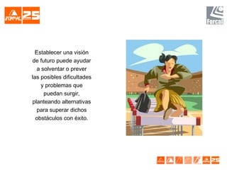 Establecer una visión
de futuro puede ayudar
a solventar o prever
las posibles dificultades
y problemas que
puedan surgir,
planteando alternativas
para superar dichos
obstáculos con éxito.
 