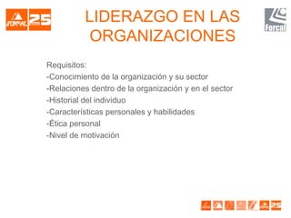 LIDERAZGO EN LAS
ORGANIZACIONES
Requisitos:
-Conocimiento de la organización y su sector
-Relaciones dentro de la organización y en el sector
-Historial del individuo
-Características personales y habilidades
-Ética personal
-Nivel de motivación
 