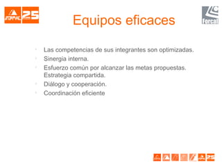 Equipos eficaces

Las competencias de sus integrantes son optimizadas.

Sinergia interna.

Esfuerzo común por alcanzar las metas propuestas.
Estrategia compartida.

Diálogo y cooperación.

Coordinación eficiente
 