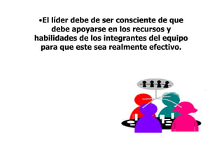 •El líder debe de ser consciente de que
debe apoyarse en los recursos y
habilidades de los integrantes del equipo
para que este sea realmente efectivo.
 