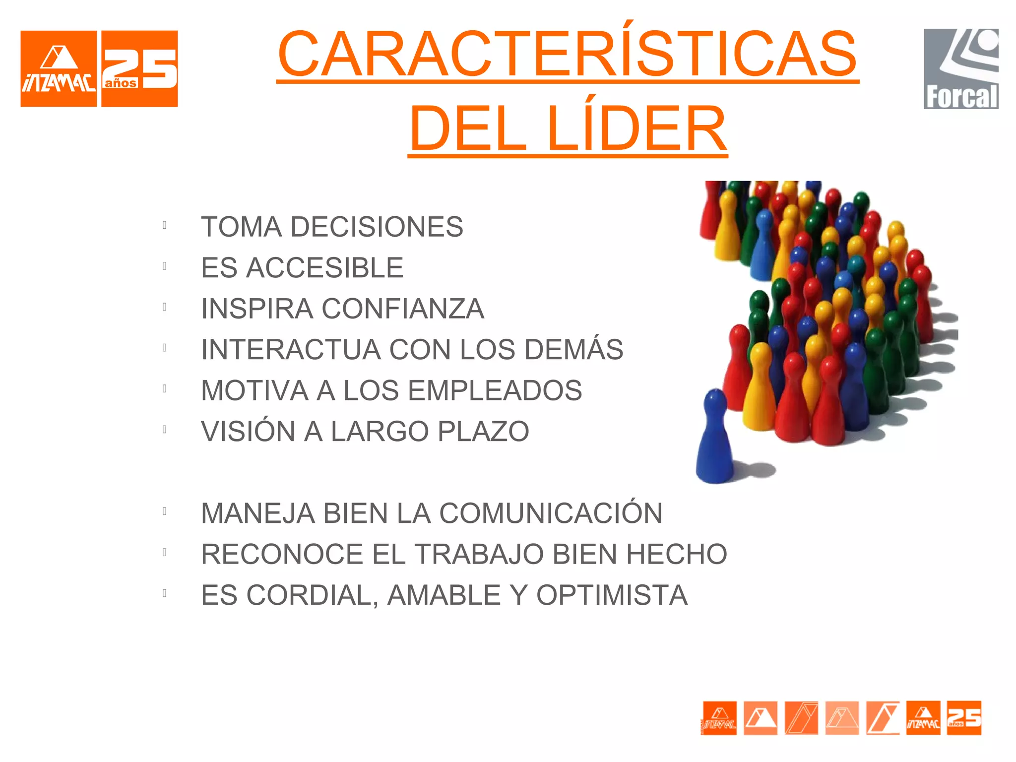 CARACTERÍSTICAS
           DEL LÍDER

    TOMA DECISIONES

    ES ACCESIBLE

    INSPIRA CONFIANZA

    INTERACTUA CON LOS DEMÁS

    MOTIVA A LOS EMPLEADOS

    VISIÓN A LARGO PLAZO


    MANEJA BIEN LA COMUNICACIÓN

    RECONOCE EL TRABAJO BIEN HECHO

    ES CORDIAL, AMABLE Y OPTIMISTA
 