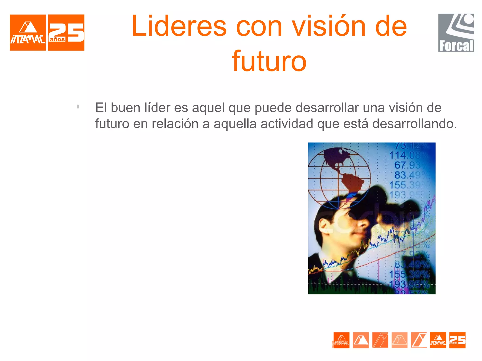 Lideres con visión de
                  futuro

    El buen líder es aquel que puede desarrollar una visión de
    futuro en relación a aquella actividad que está desarrollando.
 