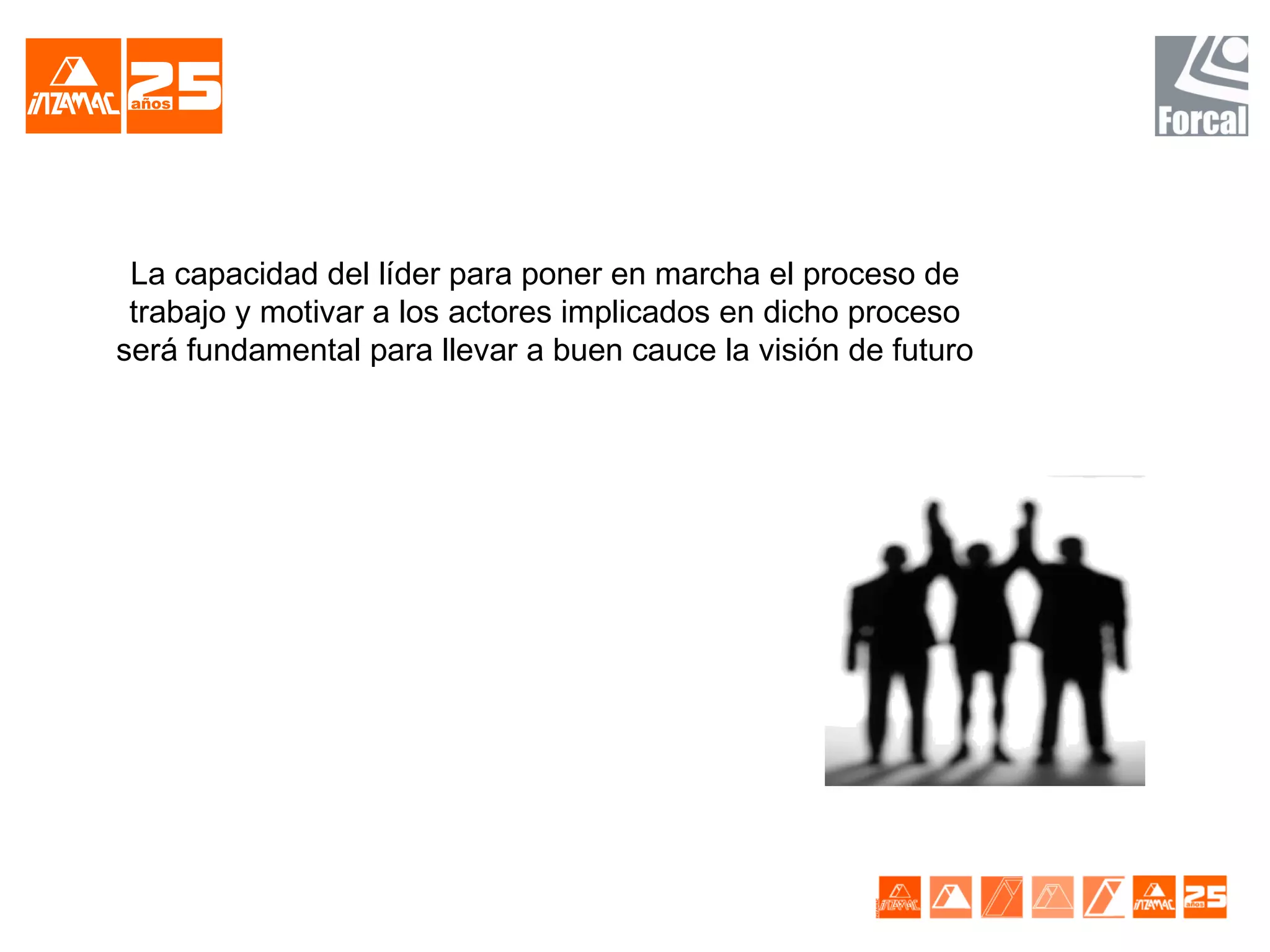 La capacidad del líder para poner en marcha el proceso de
 trabajo y motivar a los actores implicados en dicho proceso
será fundamental para llevar a buen cauce la visión de futuro
 
