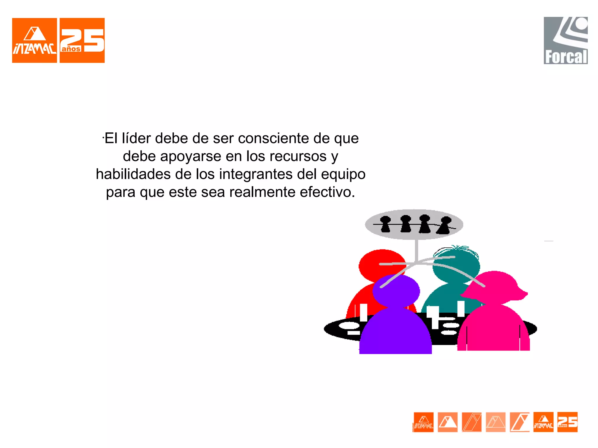 El líder debe de ser consciente de que
 •


    debe apoyarse en los recursos y
habilidades de los integrantes del equipo
 para que este sea realmente efectivo.
 