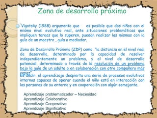 Zona de desarrollo próximoVigotsky (1988) argumenta que    es posible que dos niños con el mismo nivel evolutivo real, ante situaciones problemáticas que impliquen tareas que lo superen, puedan realizar las mismas con la guía de un maestro , guía o mediador. Zona de Desarrollo Próximo (ZDP) como  “la distancia en el nivel real de desarrollo, determinado por la capacidad de resolver independientemente un problema, y el nivel de desarrollo potencial, determinado a través de la resolución de un problema bajo la guía de un adulto o en colaboración con otro compañero más capaz”. Es decir, el aprendizaje despierta una serie de procesos evolutivos internos capaces de operar cuando el niño está en interacción con las personas de su entorno y en cooperación con algún semejante.Aprendizaje problematizador – NecesidadAprendizaje Colaborativo Aprendizaje CooperativoAprendizaje Significativo