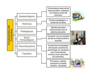 Fundanentiosdel
Curriculum
Epistemológicos
Históricos
Pedagógicos
Socio-
Antropológicos
Psico-Educativos
Filosófico
Socio-
Antropológicos
Conocimiento esencial de
cada disciplina, adaptado
a la historia social del
momento.
Practica pedagógica, a
través de los años.
Modelo educativo
referencial de todo el
sistema educativo.
Conexión con la sociedad
donde se realiza práctica
docente.
Encaminan la estrategia
del proceso enseñanza-
aprendizaje. Es necesario
que el educadores
conozca como aprenden
los individuos.
Principios y valores:
expresan el modelo
Hombre - Sociedad
 
