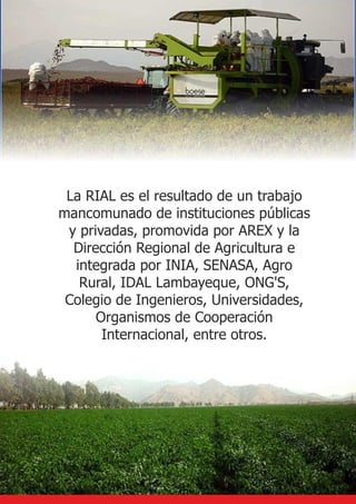 La RIAL es el resultado de un trabajo
mancomunado de instituciones públicas
 y privadas, promovida por AREX y la
  Dirección Regional de Agricultura e
  integrada por INIA, SENASA, Agro
   Rural, IDAL Lambayeque, ONG'S,
 Colegio de Ingenieros, Universidades,
      Organismos de Cooperación
       Internacional, entre otros.
 