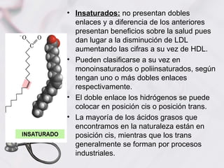 • Insaturados: no presentan dobles
  enlaces y a diferencia de los anteriores
  presentan beneficios sobre la salud pues
  dan lugar a la disminución de LDL
  aumentando las cifras a su vez de HDL.
• Pueden clasificarse a su vez en
  monoinsaturados o poliinsaturados, según
  tengan uno o más dobles enlaces
  respectivamente.
• El doble enlace los hidrógenos se puede
  colocar en posición cis o posición trans.
• La mayoría de los ácidos grasos que
  encontramos en la naturaleza están en
  posición cis, mientras que los trans
  generalmente se forman por procesos
  industriales.
 