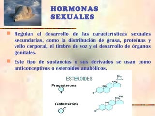 HORMONAS
SEXUALES
 Regulan el desarrollo de las características sexuales
secundarias, como la distribución de grasa, proteínas y
vello corporal, el timbre de voz y el desarrollo de órganos
genitales.
 Este tipo de sustancias o sus derivados se usan como
anticonceptivos o esteroides anabólicos.
 