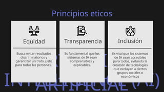 ARTIFICIAL
ARTIFICIAL
INTELLIGENCE (AI)
Principios eticos
Equidad
Busca evitar resultados
discriminatorios y
garantizar un trato justo
para todas las personas.
Transparencia Inclusión
Es fundamental que los
sistemas de IA sean
comprensibles y
explicables.
Es vital que los sistemas
de IA sean accesibles
para todos, evitando la
creación de tecnologías
que excluyan a ciertos
grupos sociales o
económicos
 