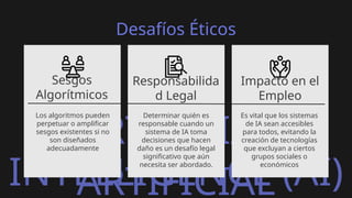 ARTIFICIAL
ARTIFICIAL
INTELLIGENCE (AI)
Desafíos Éticos
Sesgos
Algorítmicos
Los algoritmos pueden
perpetuar o amplificar
sesgos existentes si no
son diseñados
adecuadamente
Responsabilida
d Legal
Impacto en el
Empleo
Es vital que los sistemas
de IA sean accesibles
para todos, evitando la
creación de tecnologías
que excluyan a ciertos
grupos sociales o
económicos
Determinar quién es
responsable cuando un
sistema de IA toma
decisiones que hacen
daño es un desafío legal
significativo que aún
necesita ser abordado.
 