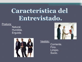 Postura:
Natural.
Hundida.
Erguida.
Vestido:
Corriente.
Fino.
Limpio.
Sucio.
 