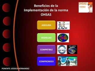 Beneficios de la
                    Implementación de la norma
                             OHSAS

                              ASEGURA




                              RESPALDO



                             COMPATIBLE




                             COMPROMISO

PONENTE: JESSICA HERNANDEZ
 