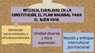 INTERCULTURALIDAD EN LA
CONSTITUCIÓN, EL PLAN NACIONAL PARA
EL BUEN VIVIR
Demanda:
nacionalidades y
afrodescendientes
Unidad diversa
y libre
expresión
Noción y enfoque
intercultural
plurinacional
 