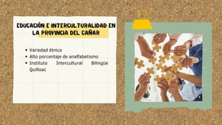Variedad étnica
Alto porcentaje de analfabetismo
Instituto Intercultural Bilingüe
Quilloac
EDUCACIÓN E INTERCULTURALIDAD EN
LA PROVINCIA DEL CAÑAR
 