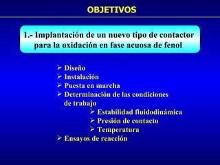 OBJETIVOS Diseño Instalación Puesta en marcha Determinación de las condiciones  de trabajo Estabilidad fluidodinámica Presión de contacto Temperatura Ensayos de reacción 1.- Implantación de un nuevo tipo de contactor  para la oxidación en fase acuosa de fenol 