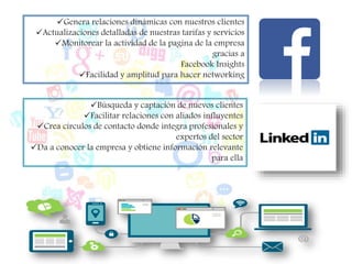 Genera relaciones dinámicas con nuestros clientes
Actualizaciones detalladas de nuestras tarifas y servicios
Monitorear la actividad de la pagina de la empresa
gracias a
Facebook Insights
Facilidad y amplitud para hacer networking
Búsqueda y captación de nuevos clientes
Facilitar relaciones con aliados influyentes
Crea círculos de contacto donde integra profesionales y
expertos del sector
Da a conocer la empresa y obtiene información relevante
para ella
 