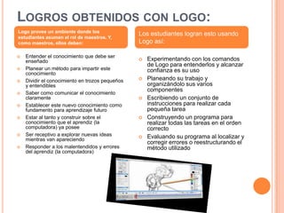 LOGROS OBTENIDOS CON LOGO:
Logo provee un ambiente donde los
                                                 Los estudiantes logran esto usando
estudiantes asumen el rol de maestros. Y,
como maestros, ellos deben:                      Logo así:

   Entender el conocimiento que debe ser
    enseñado                                        Experimentando con los comandos
                                                     de Logo para entenderlos y alcanzar
   Planear un método para impartir este             confianza es su uso
    conocimiento
   Dividir el conocimiento en trozos pequeños      Planeando su trabajo y
    y entendibles                                    organizándolo sus varios
                                                     componentes
   Saber como comunicar el conocimiento
    claramente                                      Escribiendo un conjunto de
   Establecer este nuevo conocimiento como          instrucciones para realizar cada
    fundamento para aprendizaje futuro               pequeña tarea
   Estar al tanto y construir sobre el             Construyendo un programa para
    conocimiento que el aprendiz (la                 realizar todas las tareas en el orden
    computadora) ya posee                            correcto
   Ser receptivo a explorar nuevas ideas           Evaluando su programa al localizar y
    mientras van apareciendo
                                                     corregir errores o reestructurando el
   Responder a los malentendidos y errores          método utilizado
    del aprendiz (la computadora)
 
