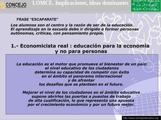 FRASE “ESCAPARATE”
Los alumnos son el centro y la razón de ser de la educación.
El aprendizaje en la escuela debe ir dirigido a formar personas
autónomas, criticas, con pensamiento propio.


1.- Economicista real : educación para la economía
                y no para personas

  La educación es el motor que promueve el bienestar de un país;
               el nivel educativo de los ciudadanos
          determina su capacidad de competir con éxito
              en el ámbito el panorama internacional
                           y de afrontar
            los desafíos que se planteen en el futuro.

     Mejorar el nivel de los ciudadanos en el ámbito educativo
         supone abrirles las puertas a puestos de trabajo
       de alta cualificación, lo que representa una apuesta
       por el crecimiento económico y por un futuro mejor.


                                                       http://www.concejoeducativo.org
 