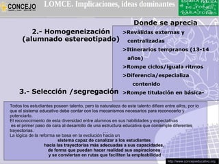 Donde se aprecia
         2.- Homogeneización                               >Reválidas externas y
      (alumnado estereotipado)                                centralizadas
                                                           >Itinerarios tempranos (13-14
                                                              años)
                                                           >Rompe ciclos/iguala ritmos
                                                           >Diferencia/especializa
                                                                contenido
     3.- Selección /segregación                            >Rompe titulación en básica-

Todos los estudiantes poseen talento, pero la naturaleza de este talento difiere entre ellos, por lo
que el sistema educativo debe contar con los mecanismos necesarios para reconocerlo y
potenciarlo.
El reconocimiento de esta diversidad entre alumnos en sus habilidades y expectativas
 es el primer paso de cara al desarrollo de una estructura educativa que contemple diferentes
trayectorias.                                   …
La lógica de la reforma se basa en la evolución hacia un
                          sistema capaz de canalizar a los estudiantes
                   hacia las trayectorias más adecuadas a sus capacidades,
                     de forma que puedan hacer realidad sus aspiraciones
                     y se conviertan en rutas que faciliten la empleabilidad
                                                                                   http://www.concejoeducativo.org
 