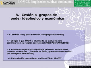 8.- Cesión a grupos de
   poder ideológico y económico



>> Cambiar la ley para financiar la segregación (OPUS)


>> Obligar a que TODO el alumnado se evaluado para
continuar con su religión confesional (OBISPOS CATÓLICOS)


>> Prometer negocio para Holdings privados, evaluaciones,
parcelas de centros...(¿interés de Botín, grandes constructoras...
por el negocio educativo?)

>> Potenciación centralismo y odio a CCAA ( ¿FAES?)



                                                              http://www.concejoeducativo.org
 