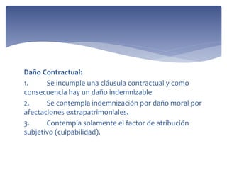 Daño Contractual:
1. Se incumple una cláusula contractual y como
consecuencia hay un daño indemnizable
2. Se contempla indemnización por daño moral por
afectaciones extrapatrimoniales.
3. Contempla solamente el factor de atribución
subjetivo (culpabilidad).
 