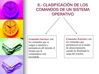 Comandos internos: son
los comandos que se
cargan a memoria y
permanecen allí durante el
tiempo que la
computadora esté
encendida.
Comandos Externos: son
los comandos que
permanecen en el medio
de almacenamiento
cuando ha finalizado la
carga del sistema.
6.- CLASIFICACIÓN DE LOS
COMANDOS DE UN SISTEMA
OPERATIVO
 