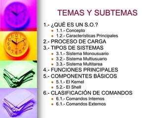 TEMAS Y SUBTEMAS
1.- ¿QUÉ ES UN S.O.?
 1.1.- Concepto
 1.2.- Características Principales
2.- PROCESO DE CARGA
3.- TIPOS DE SISTEMAS
 3.1.- Sistema Monousuario
 3.2.- Sistema Multiusuario
 3.3.- Sistema Multitarea
4.- FUNCIONES PRINCIPALES
5.- COMPONENTES BÁSICOS
 5.1.- El Kernel
 5.2.- El Shell
6.- CLASIFICACIÓN DE COMANDOS
 6.1.- Comandos Internos
 6.1.- Comandos Externos
 