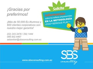 ¡Gracias por
preferirnos!
¡Más de 50.000 Ex Alumnos y
600 clientes corporativos son
nuestra mejor garantía!
(02) 243.3478 / 292.1444
099.502.4467
sebastian@sbsconsulting.com.ec
 