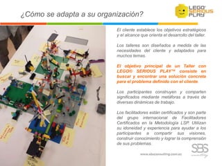 El cliente establece los objetivos estratégicos
y el alcance que orienta el desarrollo del taller.
Los talleres son diseñados a medida de las
necesidades del cliente y adaptados para
muchos temas.
El objetivo principal de un Taller con
LEGO® SERIOUS PLAY™ consiste en
buscar y encontrar una solución concreta
para el problema definido con el cliente.
Los participantes construyen y comparten
significados mediante metáforas a través de
diversas dinámicas de trabajo.
Los facilitadores están certificados y son parte
del grupo internacional de Facilitadores
Certificados en la Metodología LSP. Utilizan
su idoneidad y experiencia para ayudar a los
participantes a compartir sus visiones,
construir conocimiento y lograr la comprensión
de sus problemas.
¿Cómo se adapta a su organización?
 