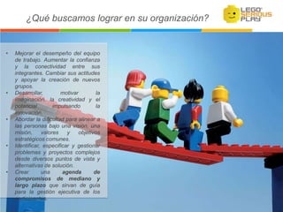 ¿Qué buscamos lograr en su organización?
• Mejorar el desempeño del equipo
de trabajo. Aumentar la confianza
y la conectividad entre sus
integrantes. Cambiar sus actitudes
y apoyar la creación de nuevos
grupos.
• Desarrollar, motivar la
imaginación, la creatividad y el
potencial impulsando la
innovación.
• Abordar la dificultad para alinear a
las personas bajo una visión, una
misión, valores y objetivos
estratégicos comunes.
• Identificar, especificar y gestionar
problemas y proyectos complejos
desde diversos puntos de vista y
alternativas de solución.
• Crear una agenda de
compromisos de mediano y
largo plazo que sirvan de guía
para la gestión ejecutiva de los
participantes.
 