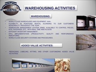 WORLD CLASS WAREHOUSES AND EQUIPMENT -AAA-. FLEXIBILITY IN POSITIONS RENTAL ACORDING TO OUR CUSTOMERS SEASONALITY TROUGHOUT THE YEAR. WAREHOUSE MANAGEMENT SYSTEM (WMS), AVAILABLE TO CONTROL PIECES, KITS, PACKAGES, ETC., WITH REAL TIME WEB ACCESS. EFFICIENT INVENTORY MANAGMENT. KPI’s IMPLEMENTATION (PRODUCTIVITY, QUALITY AND PERFORMANCE INDICATORS). WORLD CLASS SECURITY SYSTEMS AND PROCEDURES. REPACKING, LABELING, KITTING, AND OTHER CUSTOMIZING ADDED VALUE ACTIVITIES. WAREHOUSING: ADDED VALUE ACTIVITIES: WAREHOUSING ACTIVITIES 